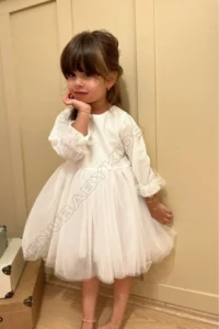 penu baby kids Ecru Shimmer Fabric Bottom Tulle Skirt Cotton Lined Bow Long Sleeve Baby Girl Dress - Image 4