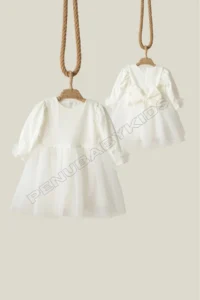 penu baby kids Ecru Shimmer Fabric Bottom Tulle Skirt Cotton Lined Bow Long Sleeve Baby Girl Dress - Image 5