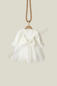 penu baby kids Ecru Shimmer Fabric Bottom Tulle Skirt Cotton Lined Bow Long Sleeve Baby Girl Dress - Image 7