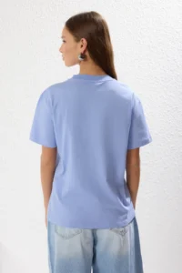 TRENDYOLMİLLA Ecru-Blue 2 Sets Package 100% Cotton Basic Dog collar Knitting T-Shirt - Image 6