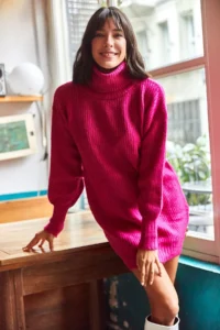 Olalook Women's Fuchsia Turtleneck Soft Textured Knitwear Tunic Dress - Image 2