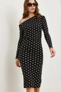 Olalook Women's Polka Dot Black Boat Neck Knitted Mini Dress - Image 4