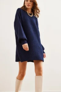 Olalook Navy Blue Crew Neck Balloon Sleeve Soft Textured Knitwear Tunic Dress - Image 3