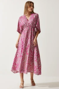 Happiness İstanbul Women's Pink Gray Wrap Collar Patterned Summer Viscose Dress