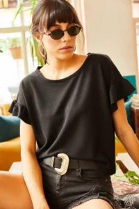Olalook Women's Black Ruffled Sleeve Camisole T-Shirt - Image 2
