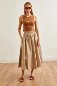 Olalook Women's Stone Pocket Elastic Waist Midi Woven Bell Skirt - Image 2
