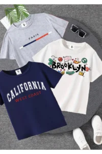 twins tailors California Printed 3 Pack Unisex Navy Blue-White-Grey Kids T-Shirt