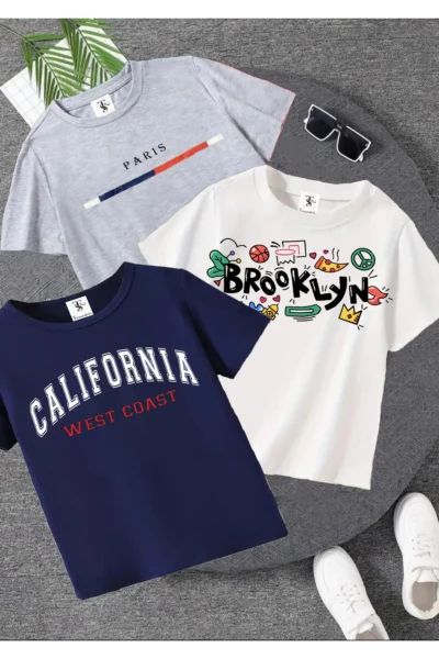 twins tailors California Printed 3 Pack Unisex Navy Blue-White-Grey Kids T-Shirt