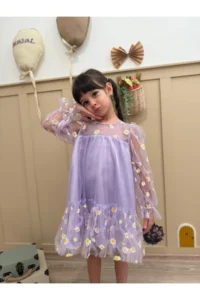 penu baby kids Lilac Print Daisy Long Tulle Sleeve Ruffle Baby Girl Dress - Image 2