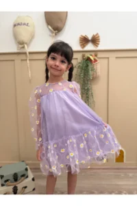 penu baby kids Lilac Print Daisy Long Tulle Sleeve Ruffle Baby Girl Dress - Image 3