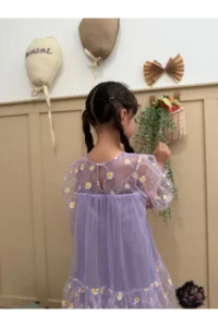 penu baby kids Lilac Print Daisy Long Tulle Sleeve Ruffle Baby Girl Dress - Image 4