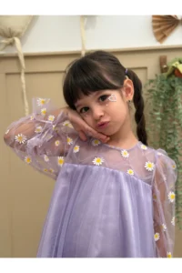 penu baby kids Lilac Print Daisy Long Tulle Sleeve Ruffle Baby Girl Dress - Image 5