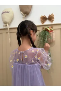 penu baby kids Lilac Print Daisy Long Tulle Sleeve Ruffle Baby Girl Dress - Image 6