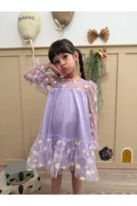penu baby kids Lilac Print Daisy Long Tulle Sleeve Ruffle Baby Girl Dress - Image 7