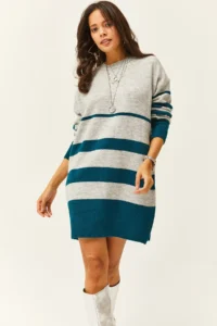 Olalook Women's Gray Six Stripes Soft Textured Knitwear Tunic Dress