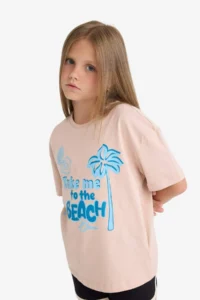 DeFacto Relax Fit Palm Tree Printed Crew Neck Short Sleeve T-Shirt for Girls - Image 3