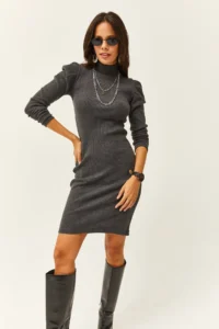 Olalook Women's Anthracite Half Turtleneck Princess Sleeve Raised Mini Dress - Image 4
