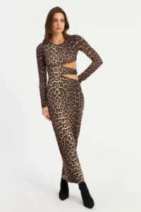 Cool & Sexy Women's Camel-Black Low-cut Leopard Maxi New Year Dress - Image 3