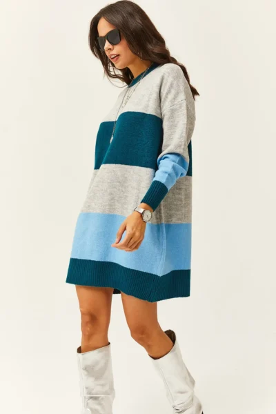 Olalook Women's Gray Colored Striped Soft Textured Mini Tunic Dress