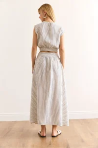 Olalook Women's Blue Striped Side Zipper Midi A-Line Muslin Skirt - Image 4