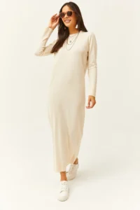 Olalook Women's Stone Crew Neck Long Knitwear Dress - Image 3