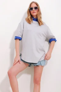 Trend Alaçatı Stili Women's Gray Crew Neck Oval Cut Modal T-Shirt - Image 5