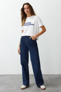 TRENDYOLMİLLA White Printed 100% Thick Cotton relaxed/Casual Cut Knitting T-Shirt - Image 2