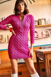 Olalook Women's Fuchsia Zipper Braided Knitwear Dress - Image 2