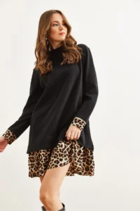 Olalook Women's Black Leopard Garnished Thessaloniki Dress - Image 6