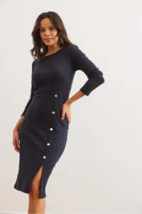 Olalook Women's Navy Blue Button Detailed Slit Midi Flexible Dress - Image 4