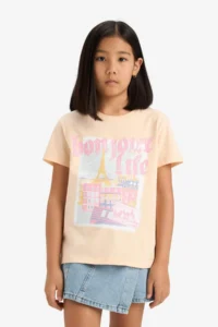 DeFacto Relax Fit Crew Neck Back Printed Short Sleeve T-Shirt Girl Child