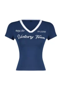 TRENDYOLMİLLA Navy Blue Slogan Printed V-neck Regular/Normal Pattern Knitting T-Shirt - Image 7
