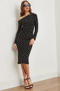 Olalook Women's Polka Dot Black Boat Neck Knitted Mini Dress