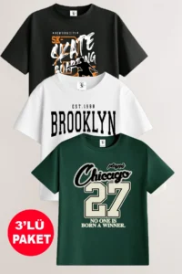 twins tailors Skate Boarding And Brooklyn Printed 3-Pack Unisex Black-White-Green Kids T-Shirt