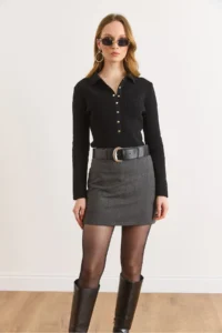 Olalook Women's Anthracite Belt Detailed Mini Skirt with Shorts - Image 6