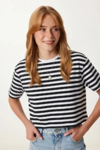 Lovelyİstanbul Oversize Striped Cotton Knitted T-shirt  BLACK WHITE - Image 2