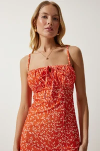 Happiness İstanbul Women's Vivid Orange Floral Slit Summer Knitted Dress CI00029 - Image 3