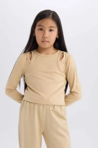 DeFacto Slim Fit Narrow Cut Crew Neck Ribbed Camisole Long Sleeve T-Shirt Girl Child - Image 3