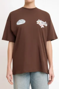 TRENDYOLMİLLA Brown Floral Oversized/Wide Pattern Back Printed LONG 100% Cotton Knitting T-Shirt - Image 3