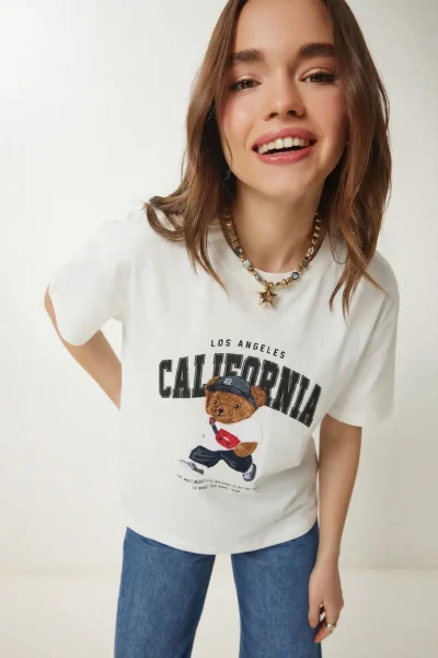 Lovelyİstanbul Teddy Bear Crest Printed Oversize Knitted T-shirt  ECRU