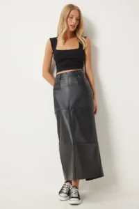 Happiness İstanbul Women's Black Slit Faux Leather Pencil Skirt - Image 2