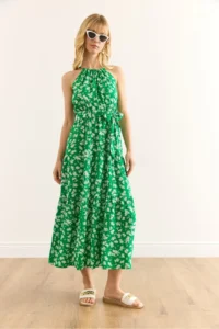 Olalook Women's Green White Floral Halter Neck Belted Woven Viscon Dress - Image 5
