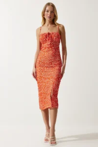 Happiness İstanbul Women's Vivid Orange Floral Slit Summer Knitted Dress CI00029