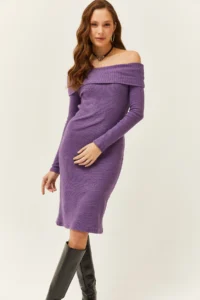 Olalook Women Purple Madonna Collar Lycra Dress