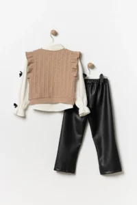 Minipodyum Girl's Bottom Top Set with Leather Trousers Eid Set 3-Piece - Image 3