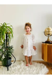 penu baby kids Ecru Scallop Front Buttoned Cotton Lined Long Sleeve Baby Girl Dress
