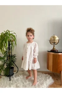 penu baby kids Ecru Scallop Front Buttoned Cotton Lined Long Sleeve Baby Girl Dress - Image 2