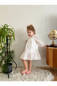 penu baby kids Ecru Scallop Front Buttoned Cotton Lined Long Sleeve Baby Girl Dress - Image 3