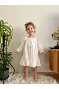 penu baby kids Ecru Scallop Front Buttoned Cotton Lined Long Sleeve Baby Girl Dress - Image 4