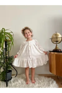 penu baby kids Ecru Scallop Front Buttoned Cotton Lined Long Sleeve Baby Girl Dress - Image 5